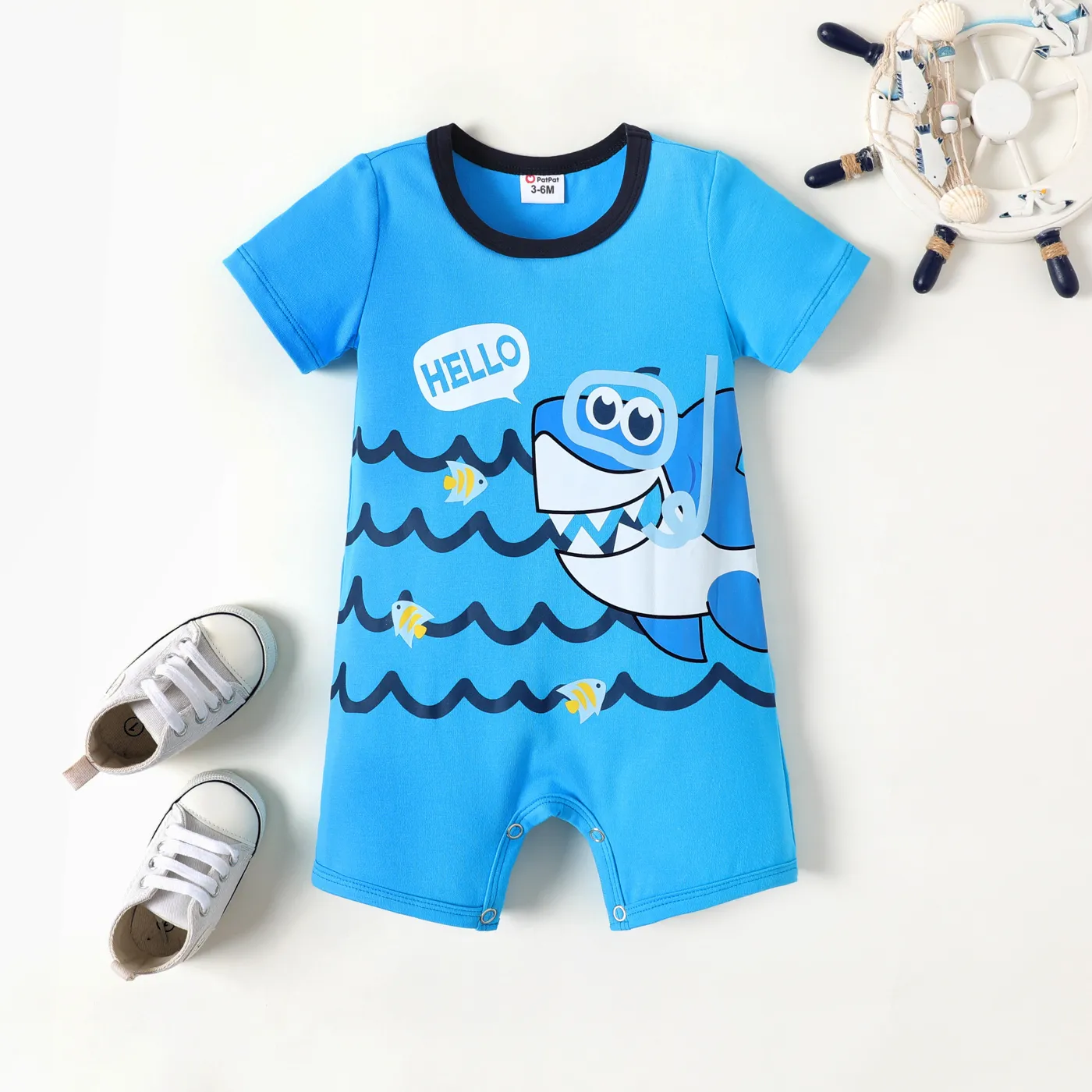 Baby Boy Blue Shark Print Short-sleeve Cotton Jumpsuit  big image 1