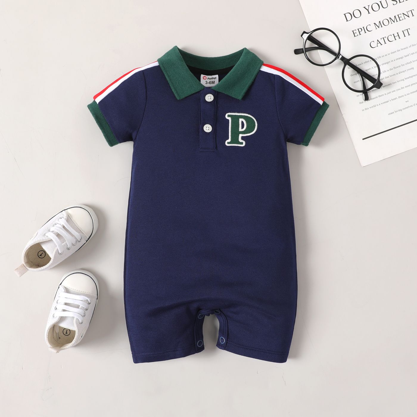 Baby Boy Letter Embroidered Contrast Polo Collar Short-sleeve Romper