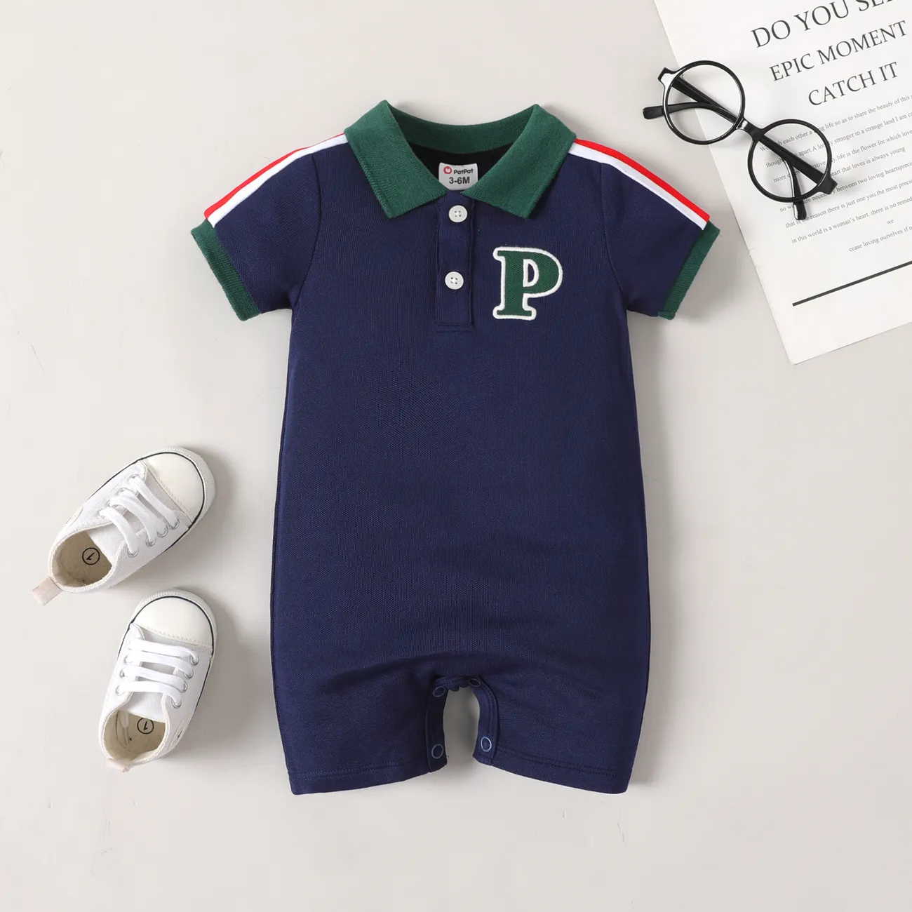 Baby Boy Letter Embroidered Contrast Polo Collar Short-sleeve Romper  big image 1
