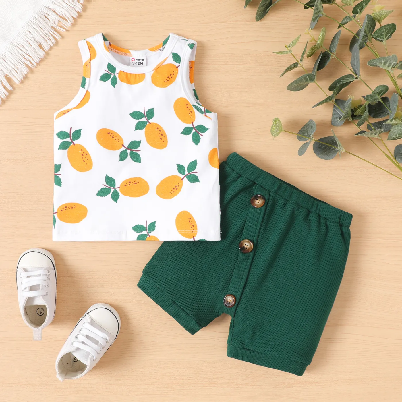 2pcs Baby Boy Fruit Print Tank Top and Oblique Button Shorts Set
