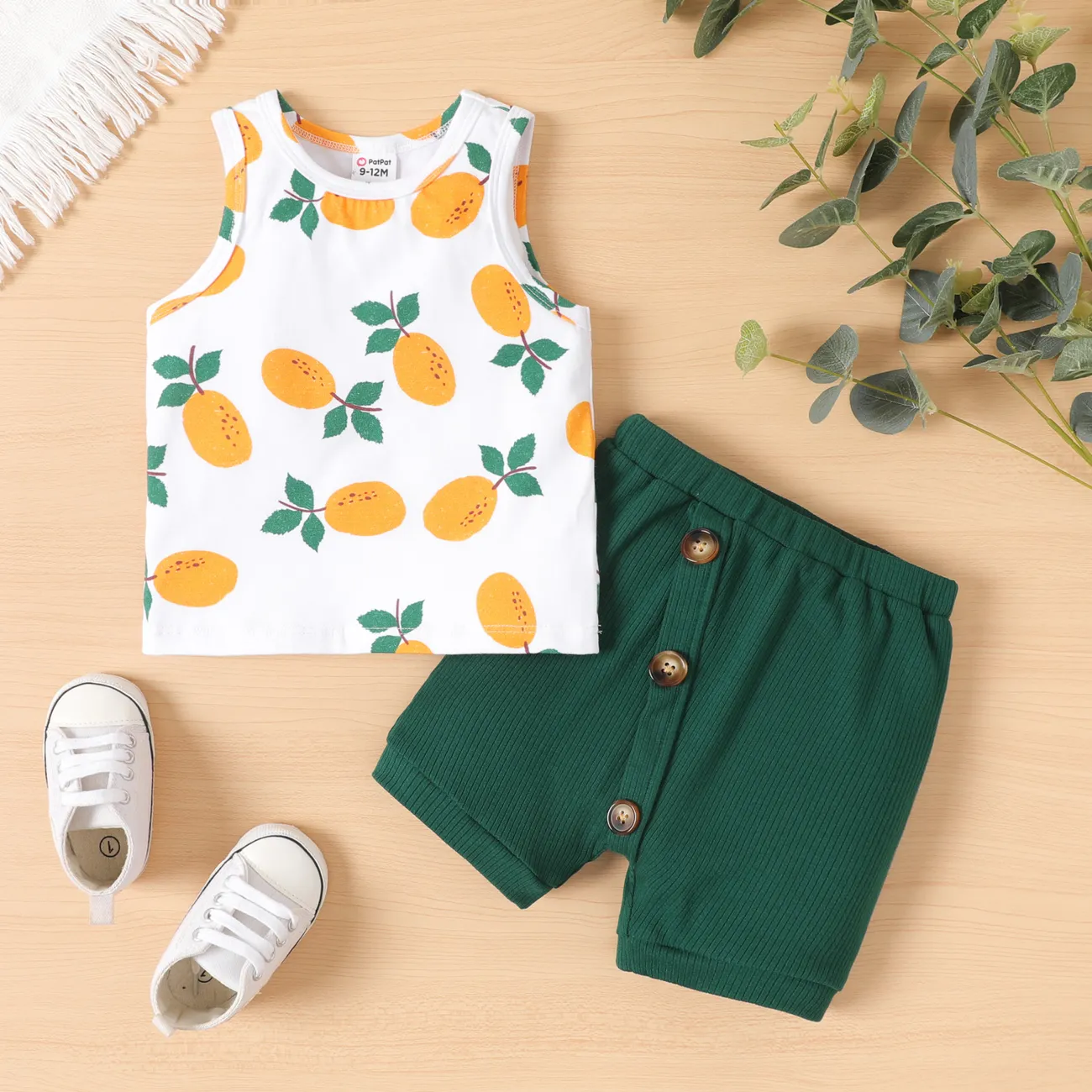 2pcs Baby Boy Fruit Print Tank Top and Oblique Button Shorts Set  big image 1