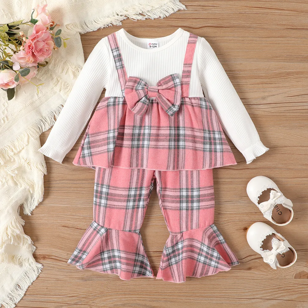 2pcs Baby Girl Bow Decor Plaid Ribbed Panel 2 In 1 Top and Flared Pants Set  big image 3