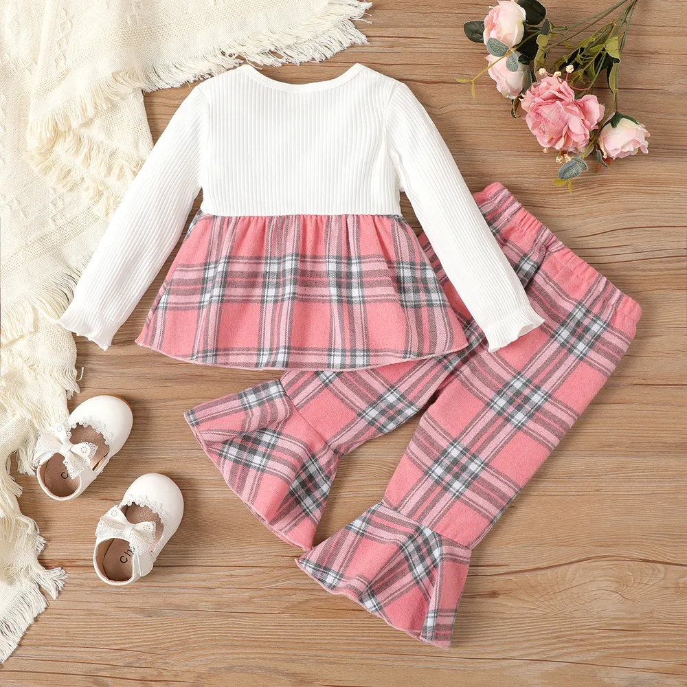 2pcs Baby Girl Bow Decor Plaid Ribbed Panel 2 In 1 Top and Flared Pants Set  big image 2
