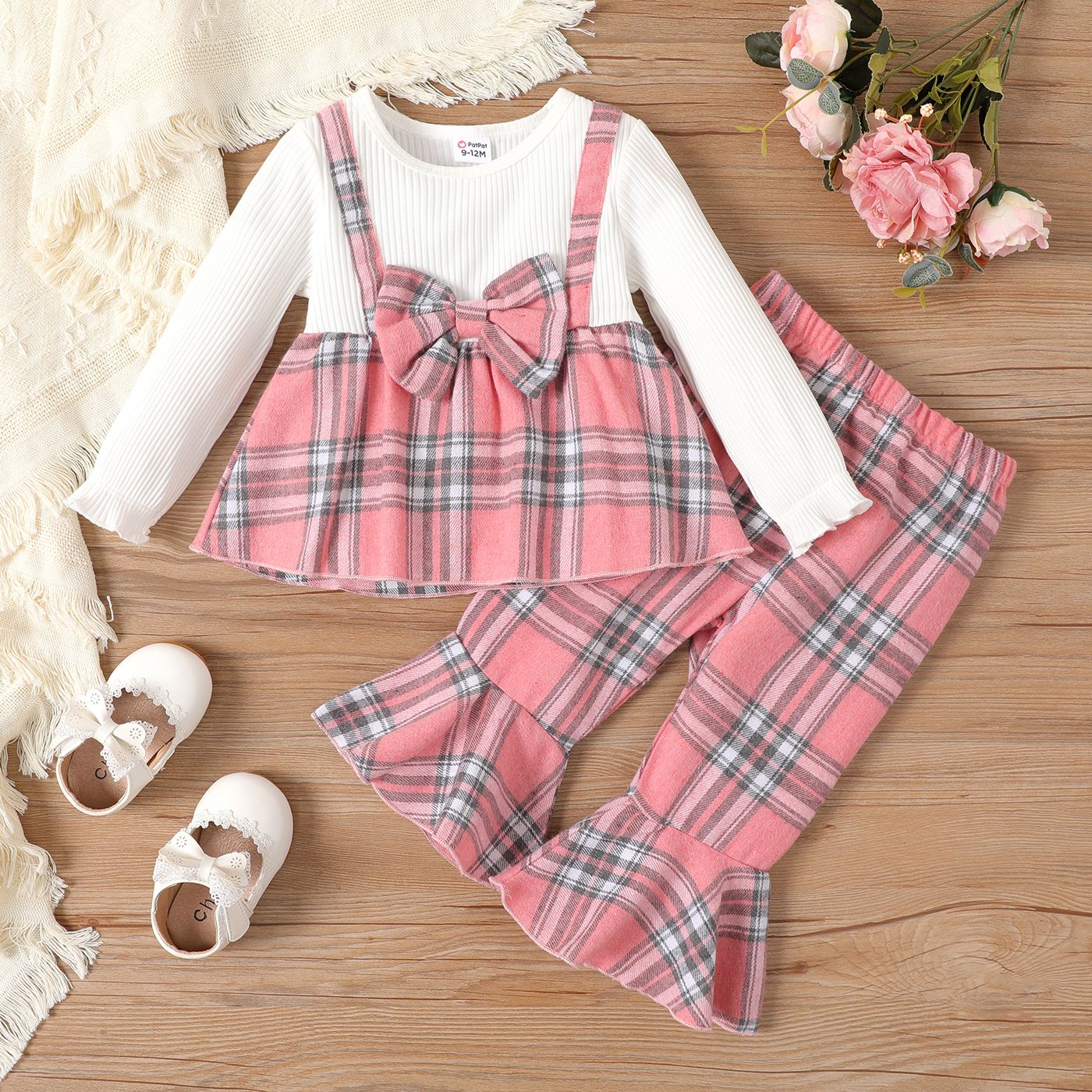 2pcs Baby Girl Bow Decor Plaid Ribbed Panel 2 In 1 Top And Flared Pants Set