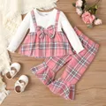 2pcs Baby Girl Bow Decor Plaid Ribbed Panel 2 In 1 Top and Flared Pants Set  image 1
