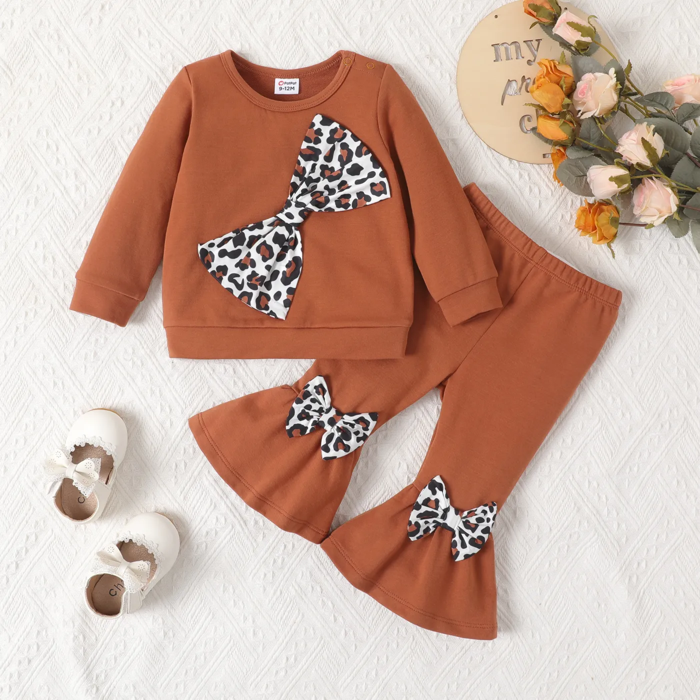 2Pcs Baby Girls Cute Bow Tie And Leopard Patten RoundNeck Longsleeve Sets