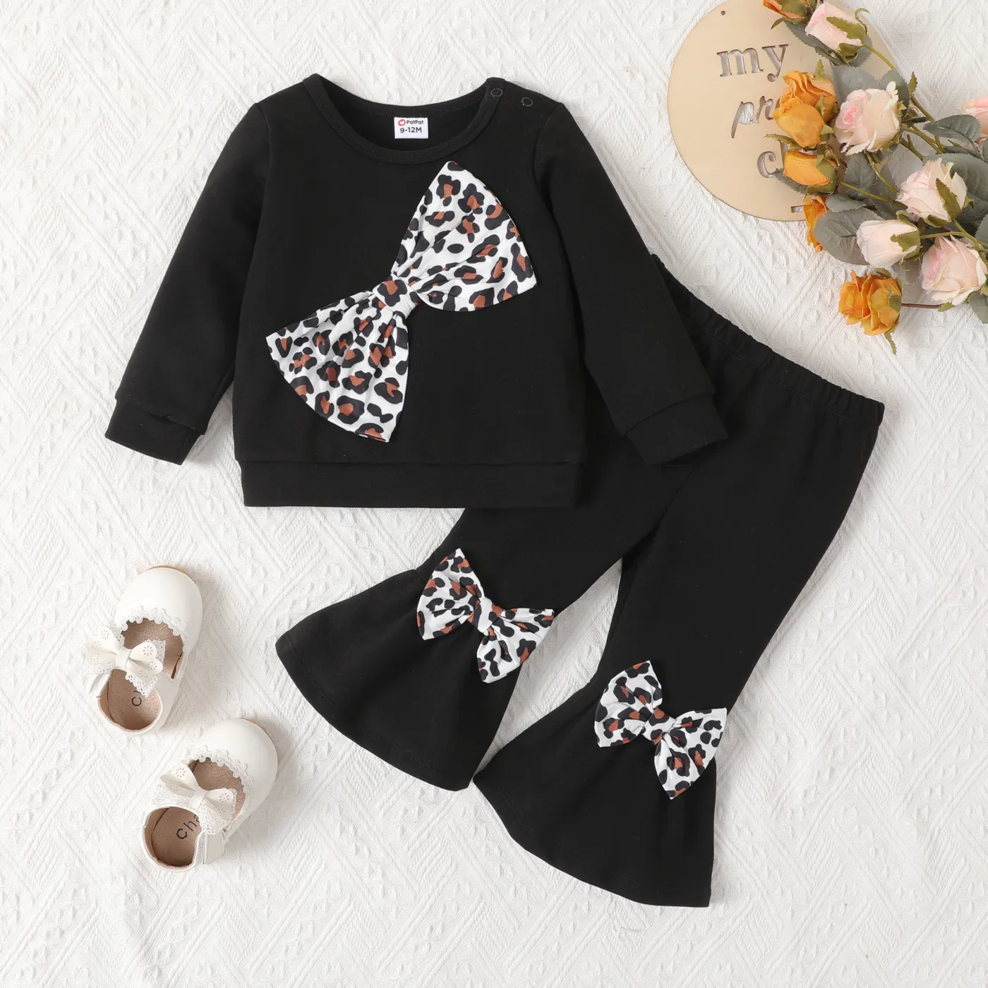2Pcs Baby Girls Cute Bow Tie And Leopard Patten RoundNeck Longsleeve Sets