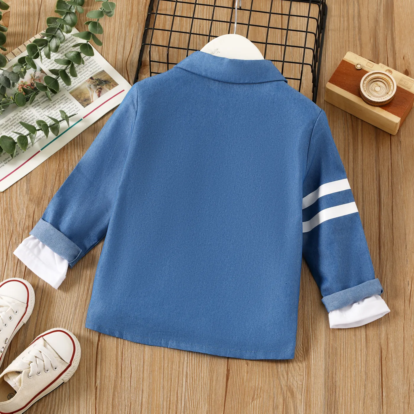 Toddler Boy Buttons Front Stripe Lapel Collar Long-sleeve Shirt DENIMBLUE image 2