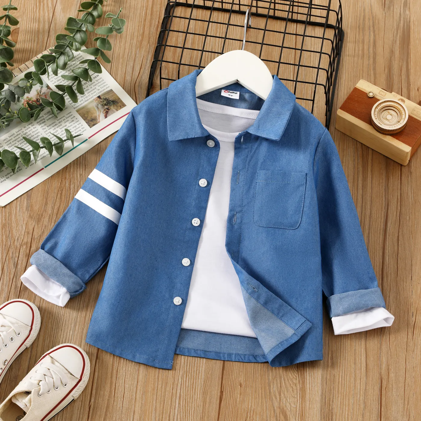 Toddler Boy Buttons Front Stripe Lapel Collar Long-sleeve Shirt DENIMBLUE big image 1