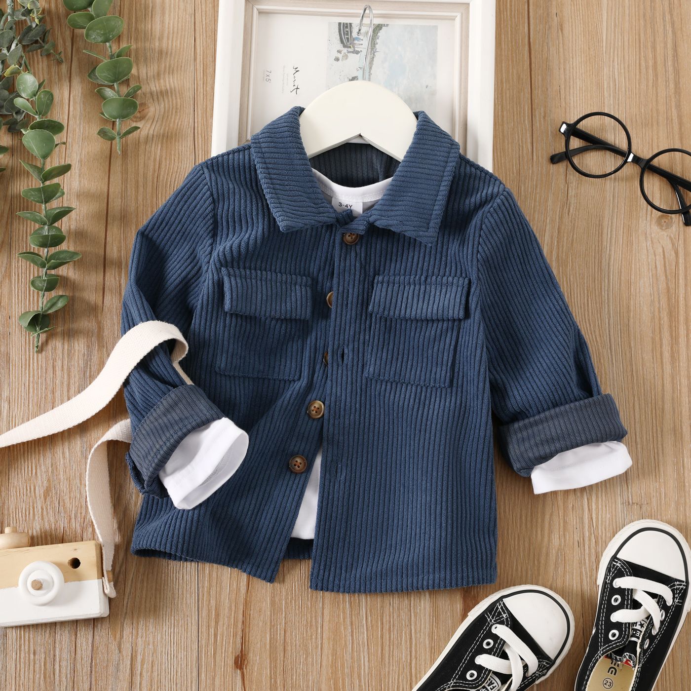 

Toddler Boy Solid Avant-garde Lapel Pocket and Button Design Jacket