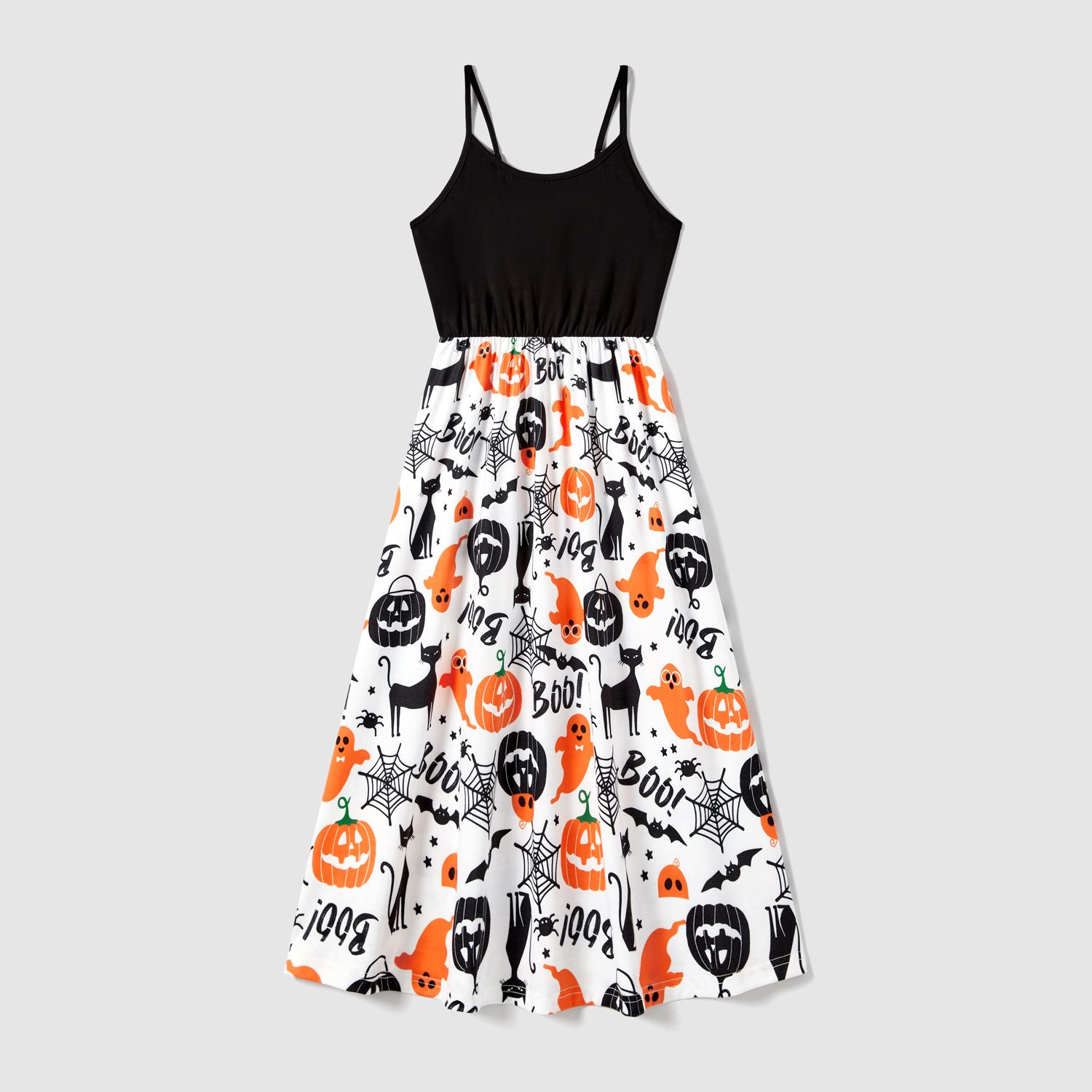Halloween Fmaily Matching  Spaghetti Strap Pumpkin Sleeveless Dresses And Short Sleeve Tops Sets