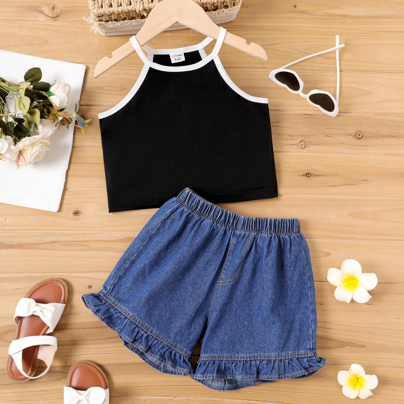 2pcs Kid Girl Halter Neck Top and Ruffle Denim Shorts Set Black big image 1