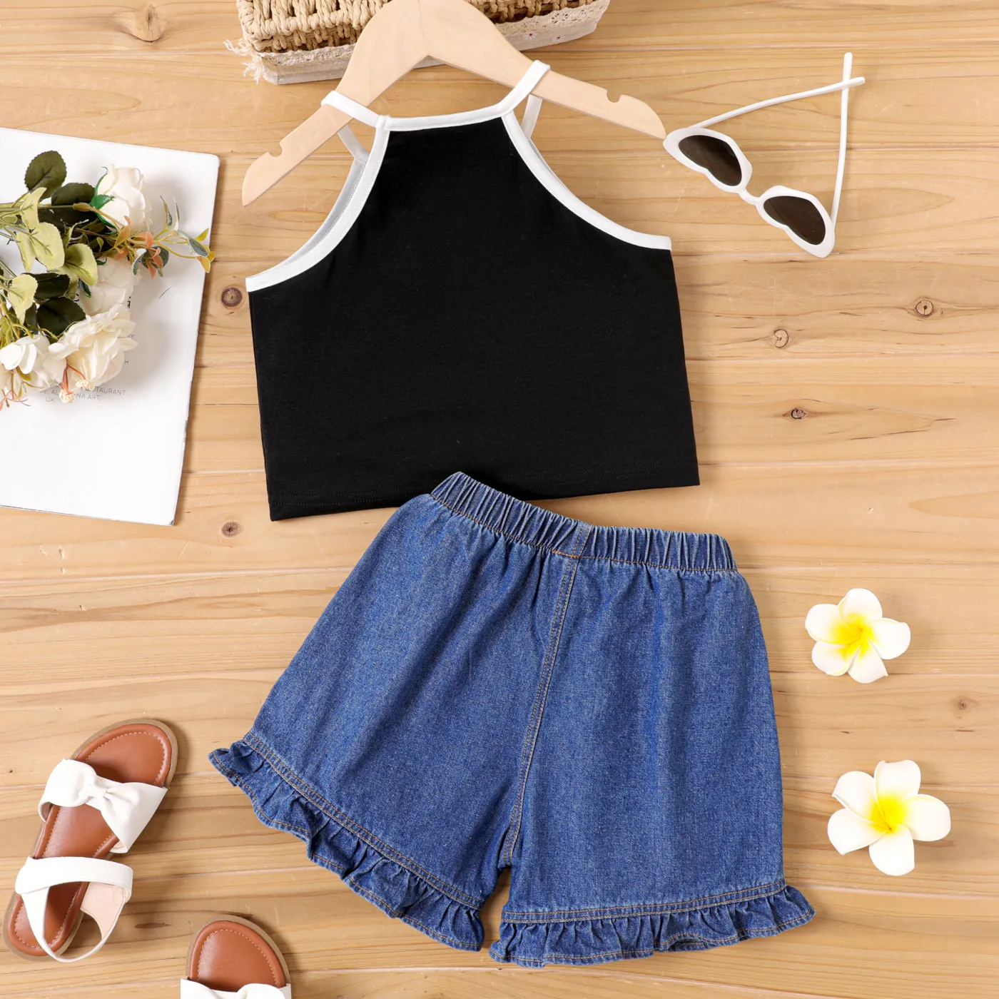 2pcs Kid Girl Halter Neck Top and Ruffle Denim Shorts Set Black image 2