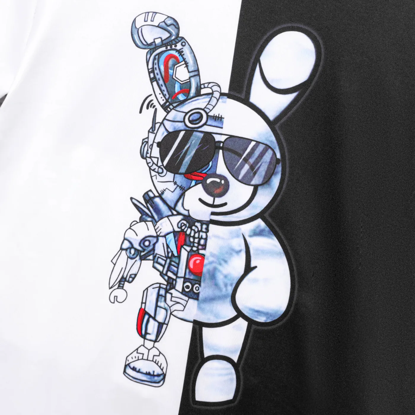 2pcs Kid Boy Robot Rabbit Print Two Tone Colorblock Tee and Shorts Set   BlackandWhite image 3