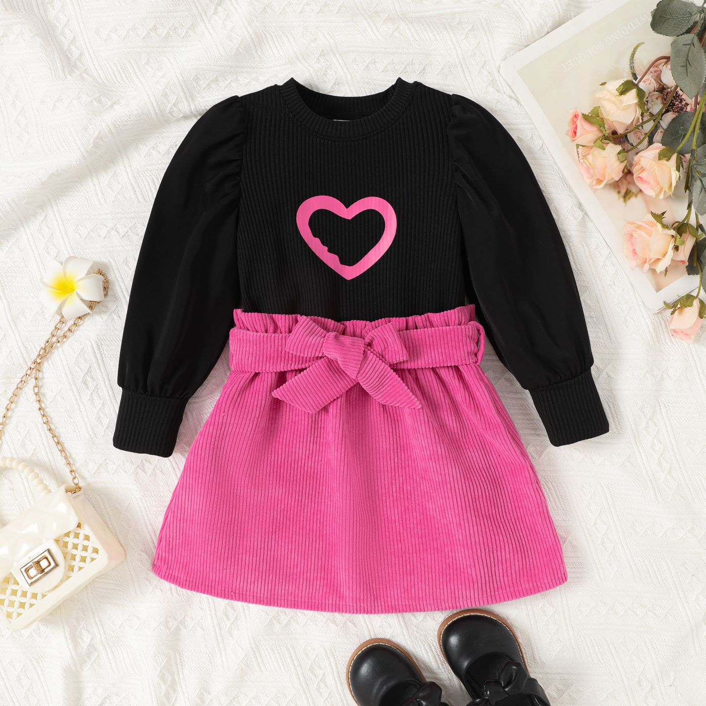 2pcs Toddler Girl Heart Print Ribbed Long-sleeve Top And Belted Solid Skirt Set