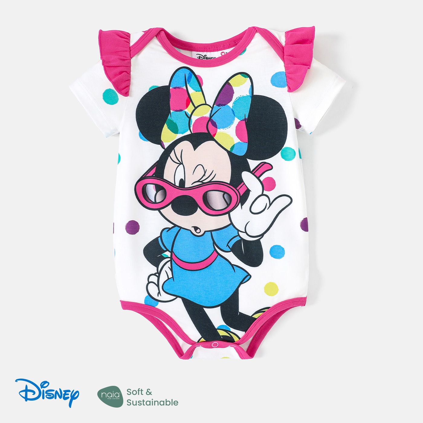 Disney Mickey And Friends Baby Boy/Girl Ruffled Short-sleeve Colorful Striped Or Dots Graphic Naiaâ¢ Romper