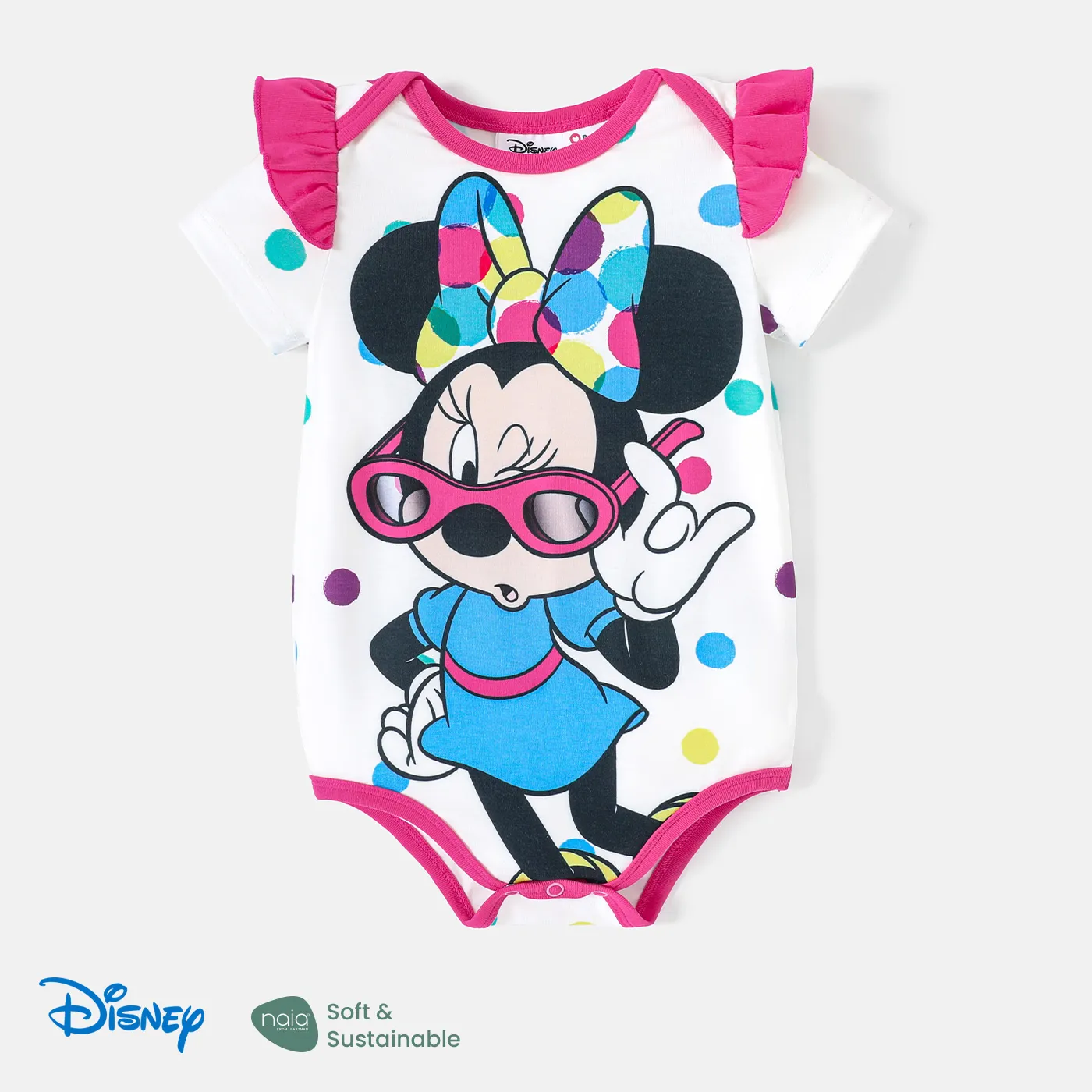 Disney Mickey and Friends Baby Boy/Girl Ruffled Short-sleeve Colorful Striped or Dots Graphic Naia™ Romper Colorful