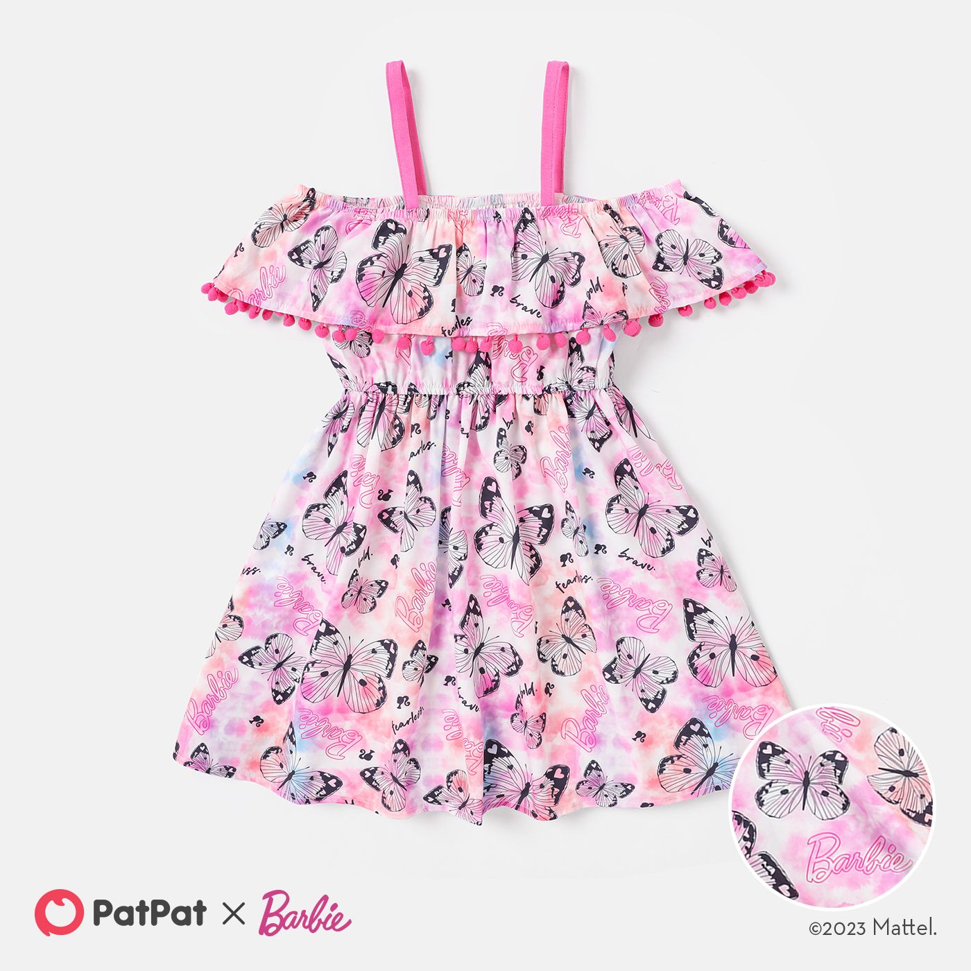 

Barbie Kid Girl Butterfly Print Pom Pom Decor Ruffled Off-Shoulder Slip Dress