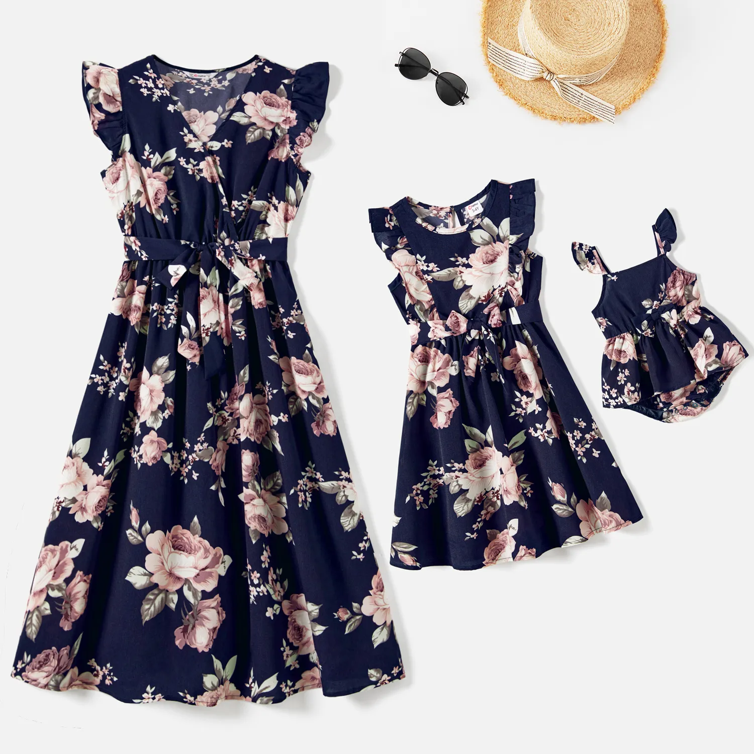 Mommy and Me Allover Floral Print Flutter-sleeve Belted Dresses  image 2