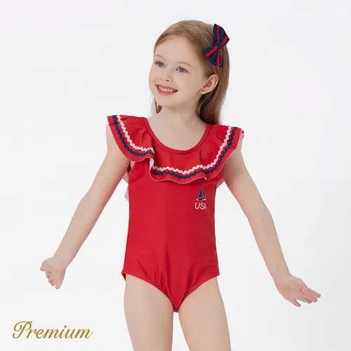Kid Girl Sailboat Graphic Ruffled Collar One-piece Swimsuit