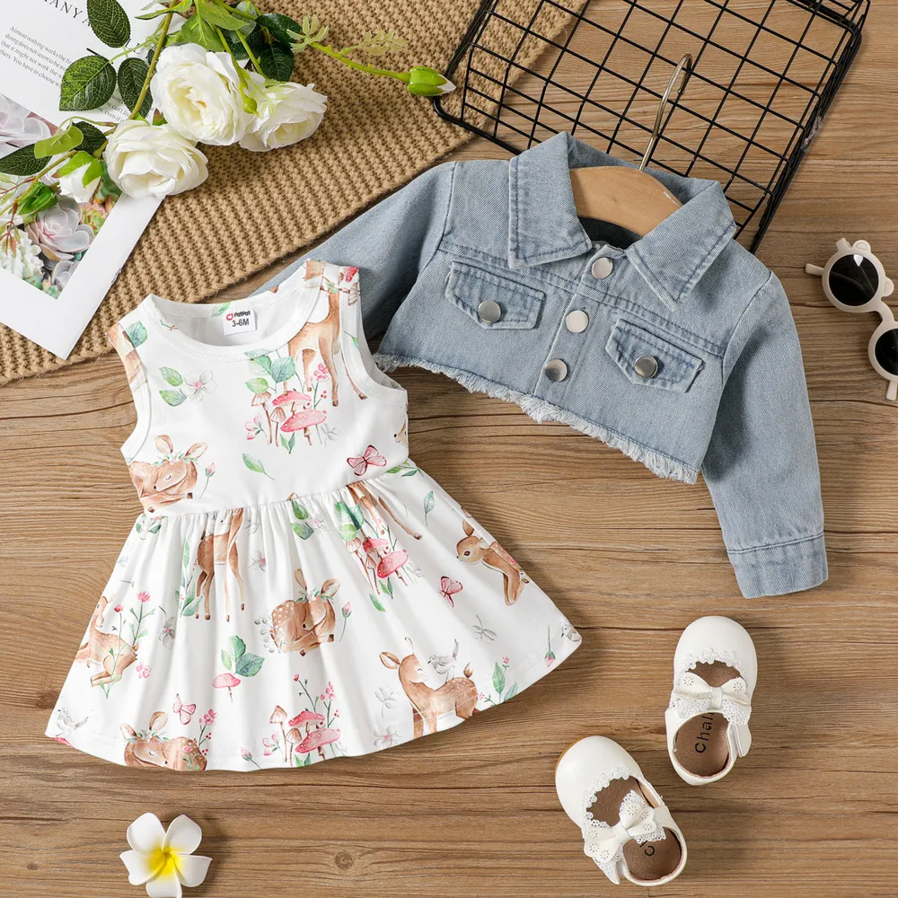 2pcs Baby Girl Allover Deer Print Tank Dress and Long-sleeve Raw Trim Denim Crop Jacket Set big image 2