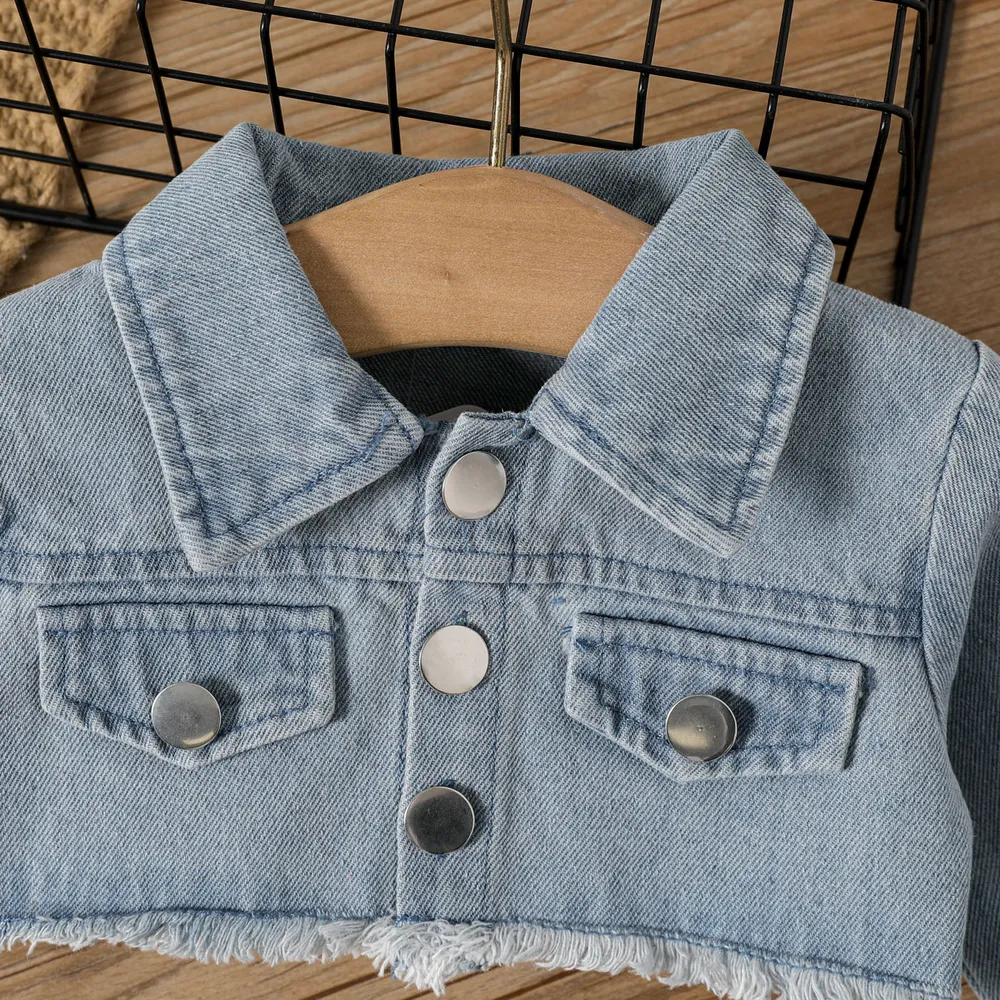 2pcs Baby Girl Allover Deer Print Tank Dress and Long-sleeve Raw Trim Denim Crop Jacket Set big image 4