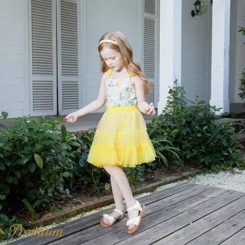 2pcs Toddler Girl Naia™ Lemon Print Ruched Cami Top and Mesh Tiered Skirt Set