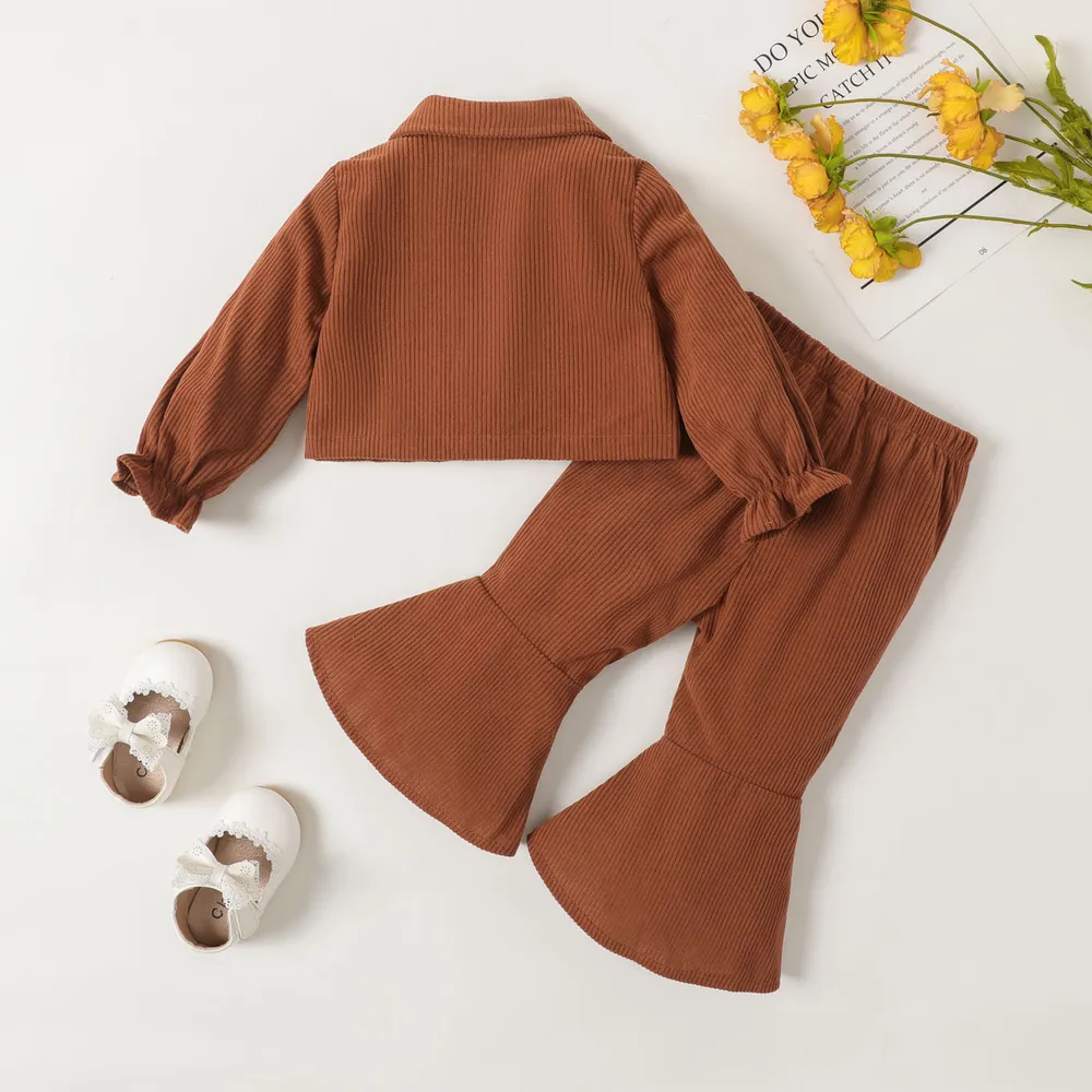 2pcs Baby Girl Buttons Front Long-sleeve Jacket and Bow Decor Flared Pants Set big image 2