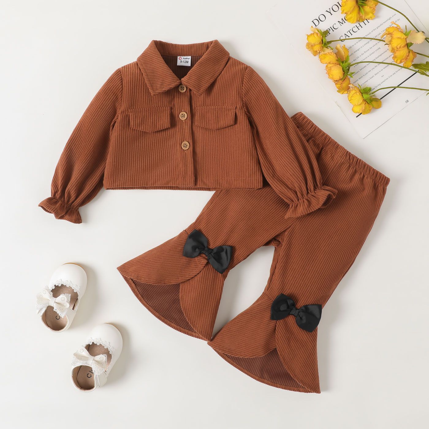 2pcs Baby Girl Buttons Front Long-sleeve Jacket And Bow Decor Flared Pants Set