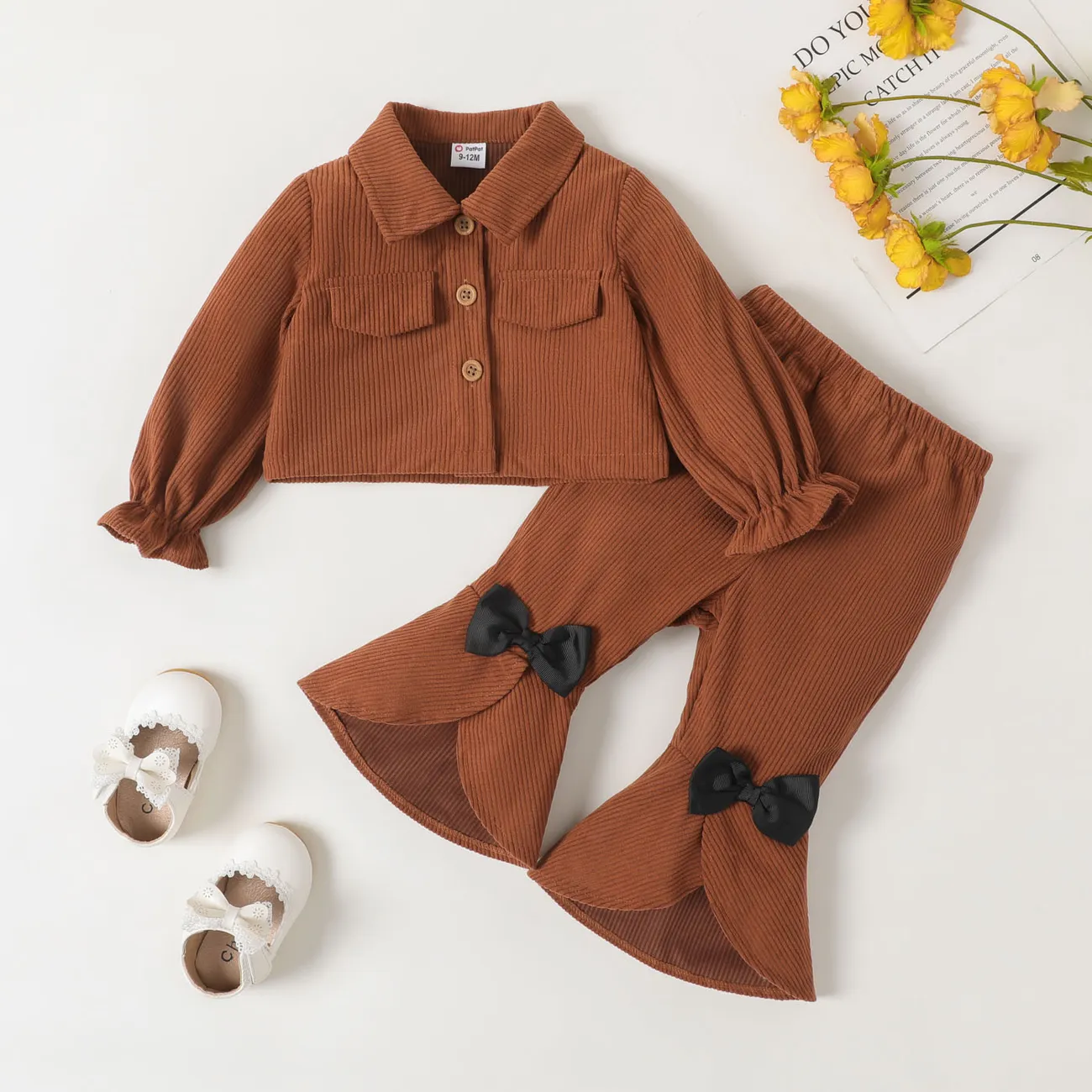 2pcs Baby Girl Buttons Front Long-sleeve Jacket and Bow Decor Flared Pants Set YellowBrown big image 1