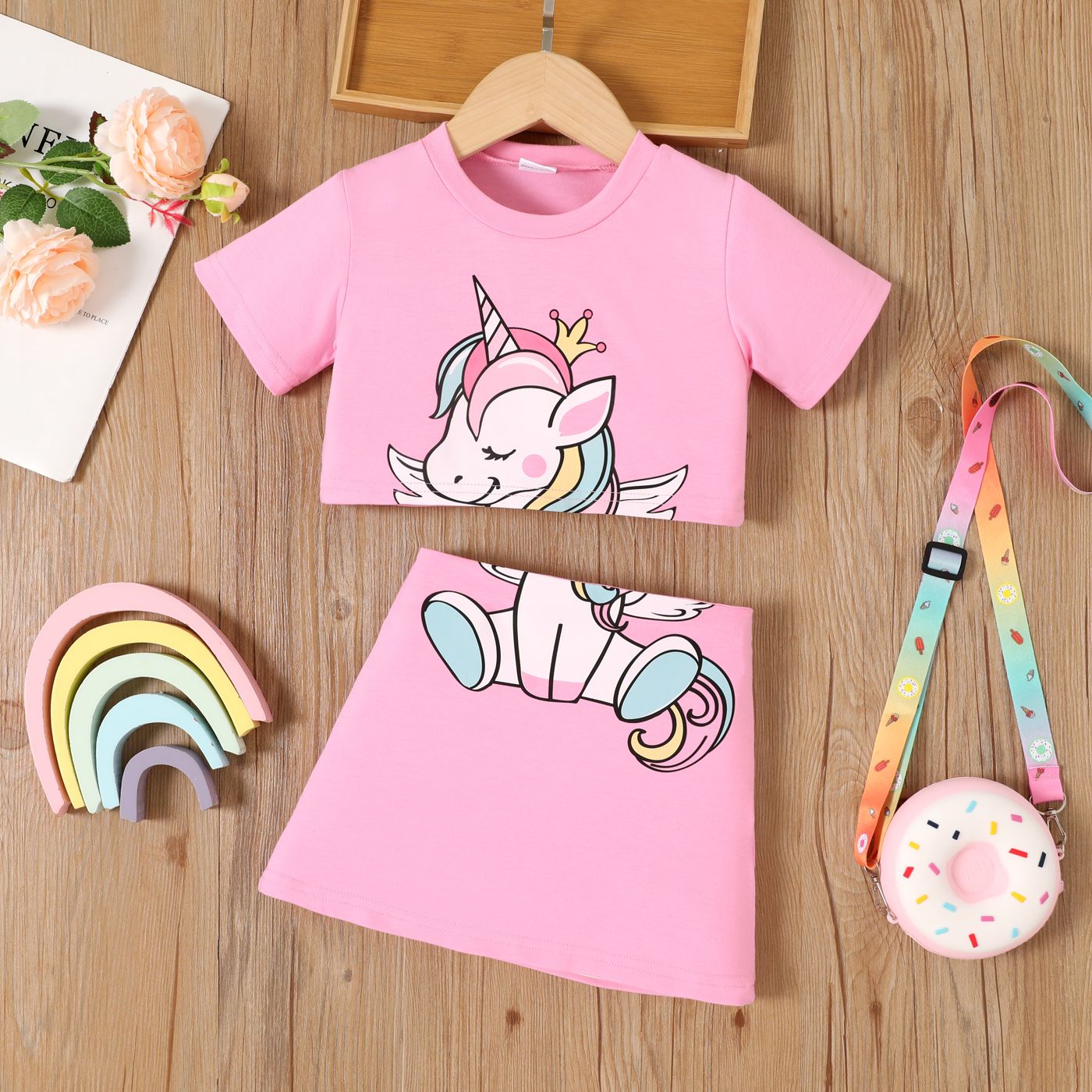 2pcs Toddler Girl Unicorn Pattern Short-sleeve Top And Skirt Set
