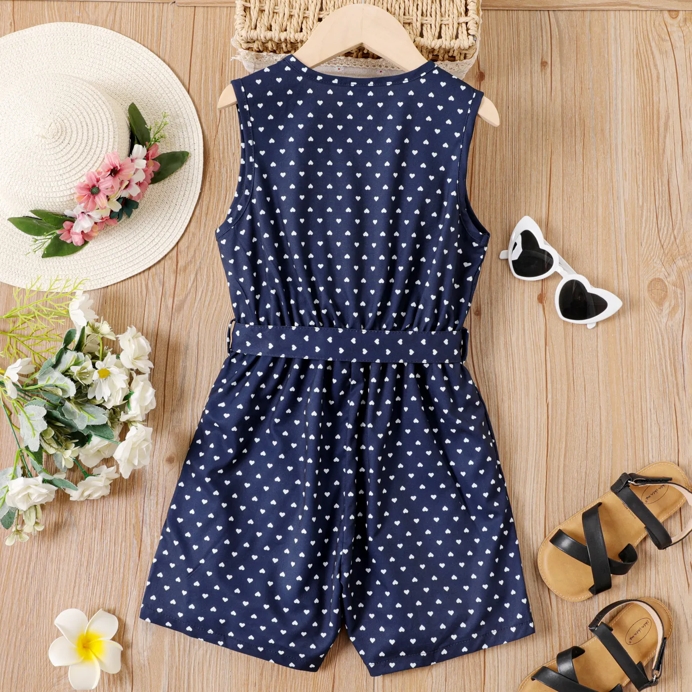 Kid Girl Allover Heart Print Belted Tank Romper Blue image 5