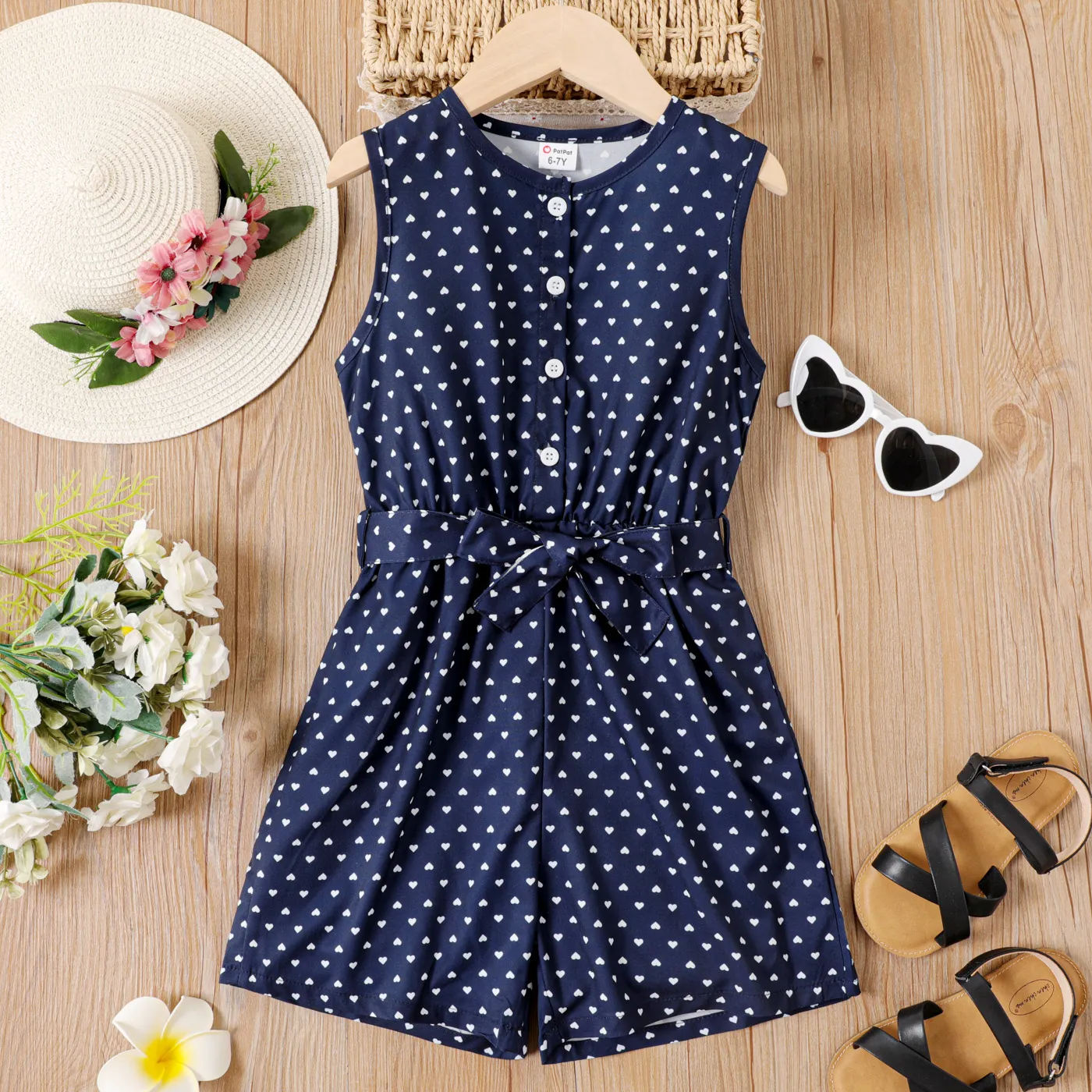 Kid Girl Allover Heart Print Belted Tank Romper Blue big image 1