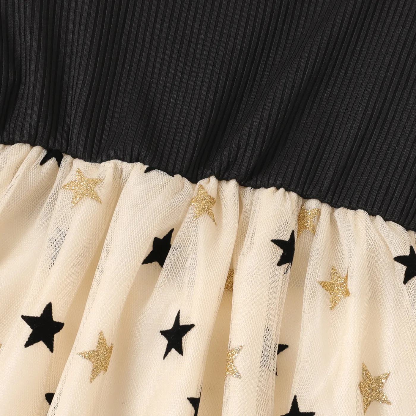 Kid Girl Stars Pattern Mesh Panel Rib-knit Cami Dress  Black image 4