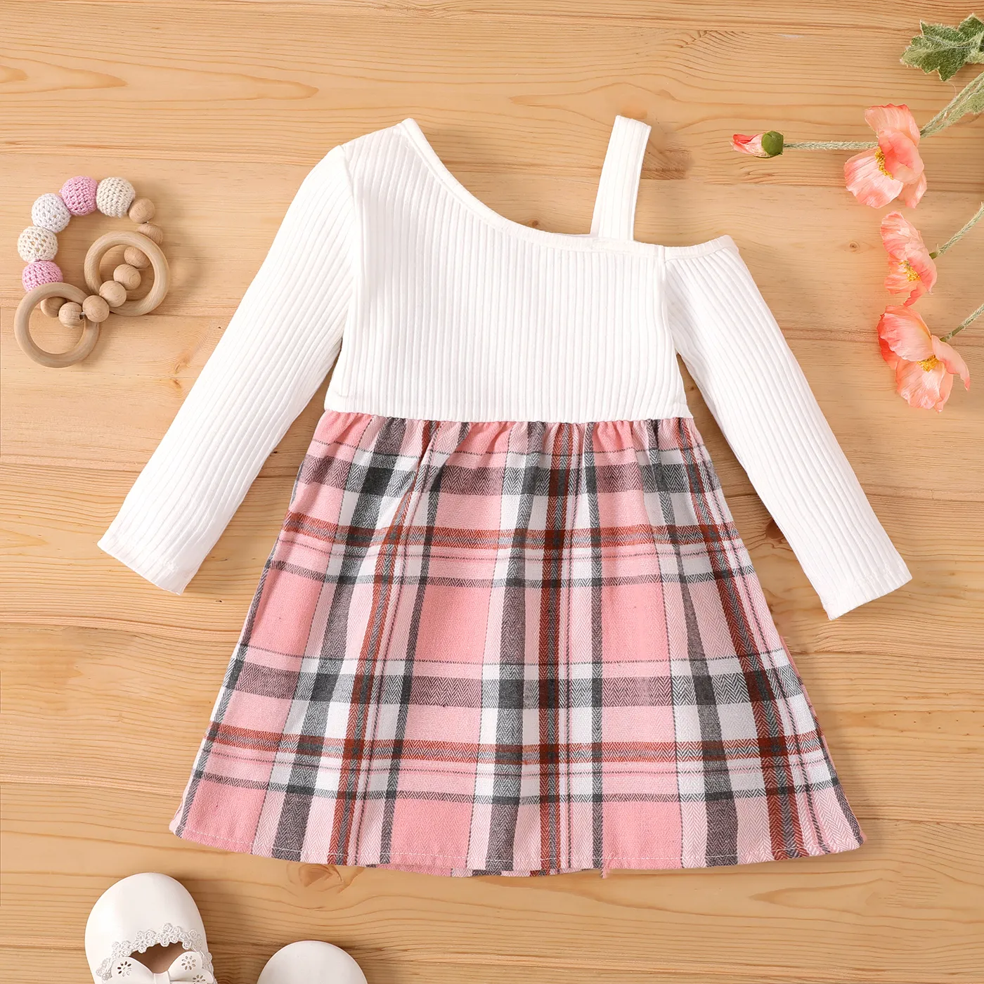 

Baby Girl Casual Plaid Print Slanted Shoulder Long Sleeve Dress