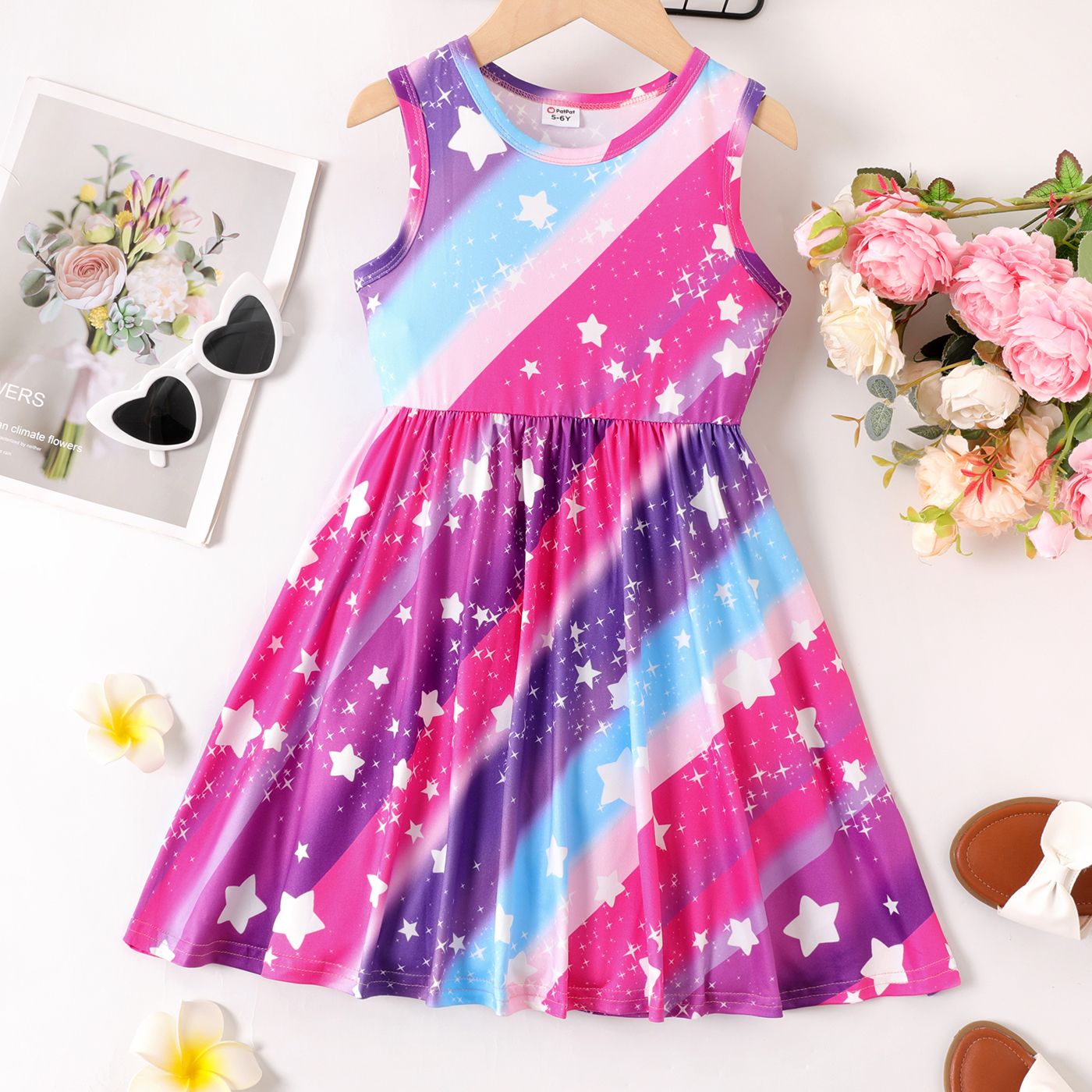 

Kid Girl Rainbow Stars Pattern Tank Dress