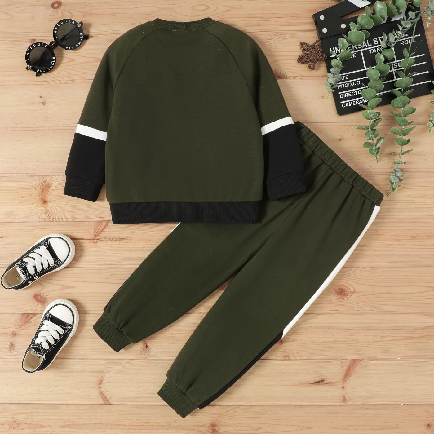 2pcs Toddler Boy Solid Fabric Stitching Set  ColorBlock image 2