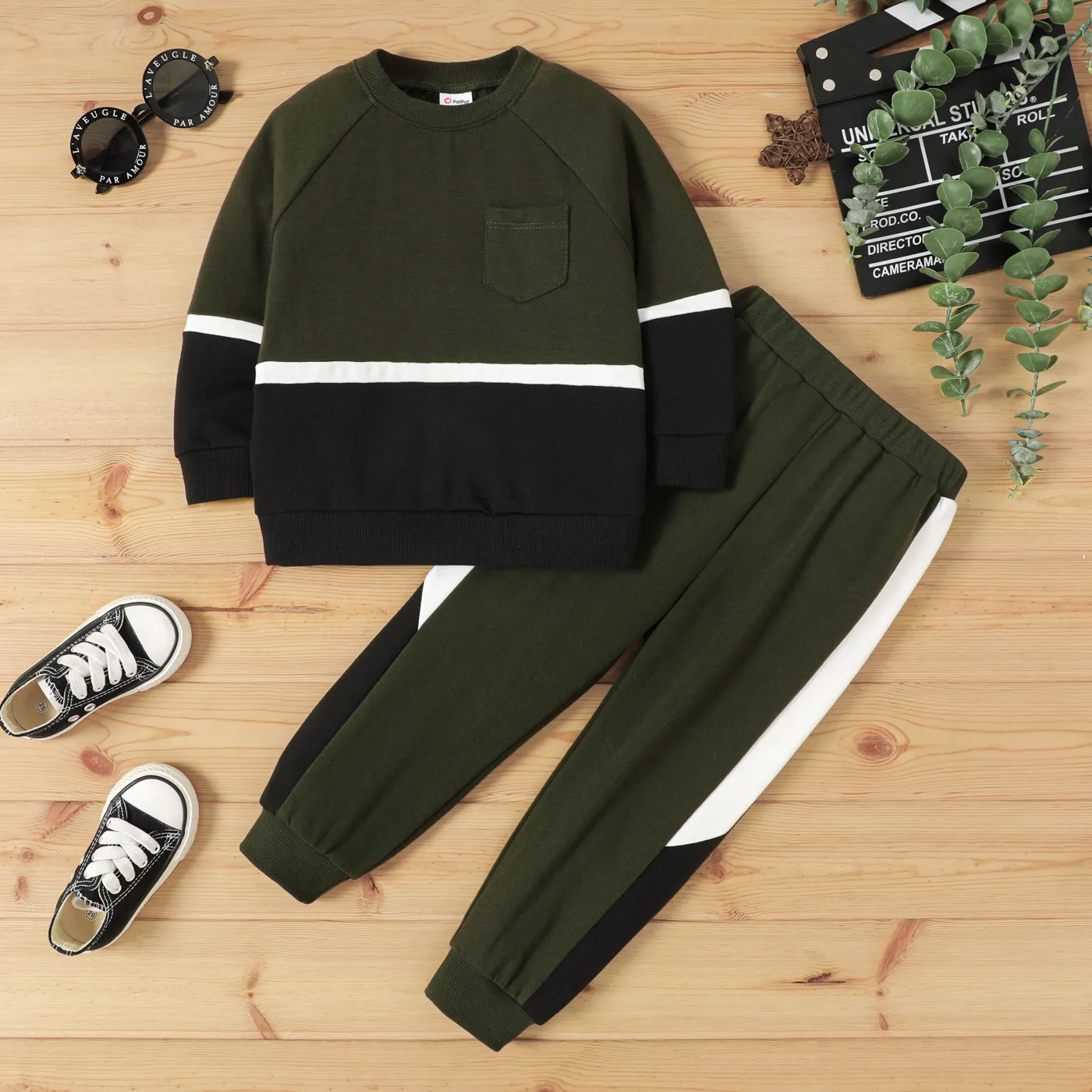 2pcs Toddler Boy Solid Fabric Stitching Set  ColorBlock big image 1