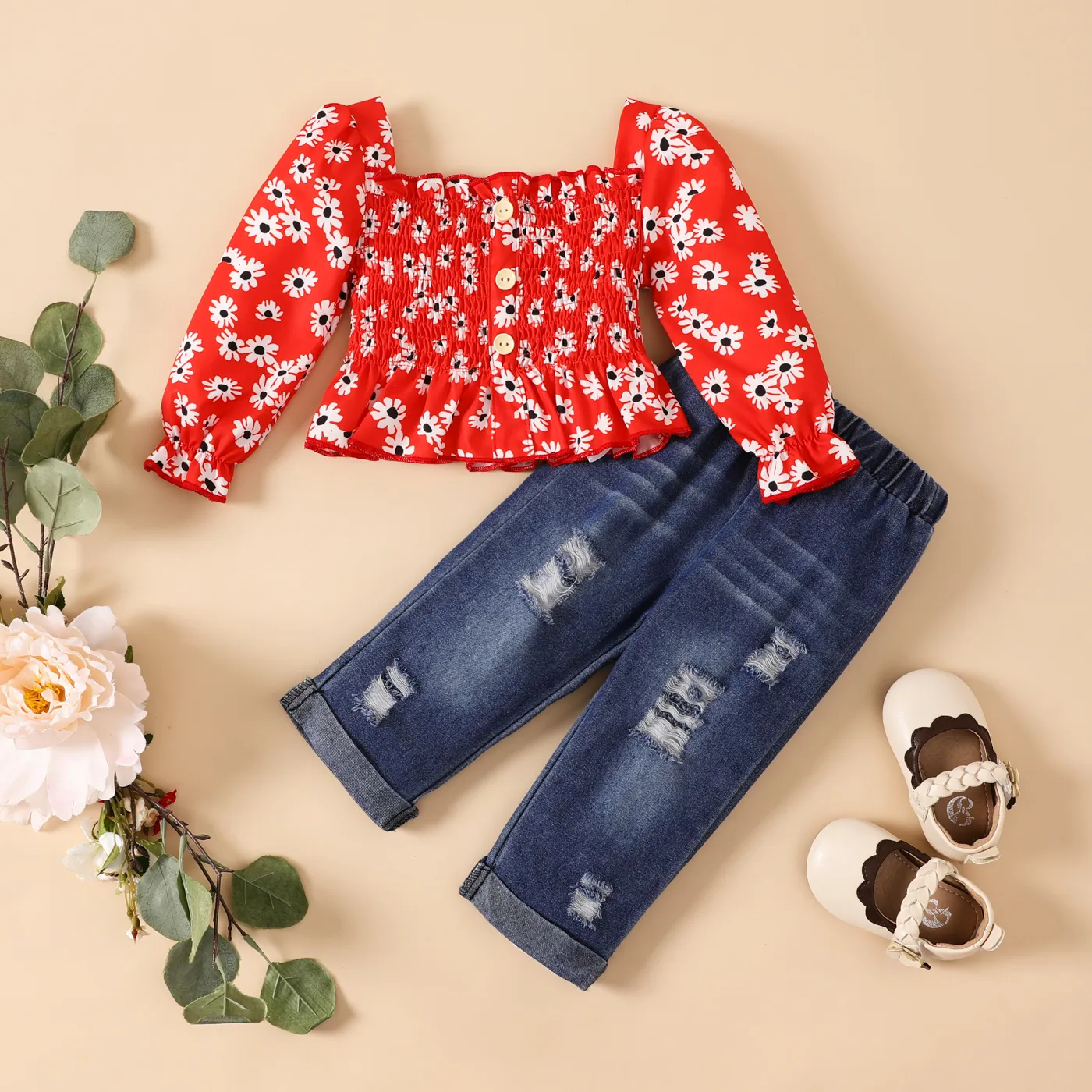 

2pcs Baby Girl Allover Floral Print Buttons Smocked Ruffle Long-sleeve Top and 100% Cotton Ripped Denim Jeans Set