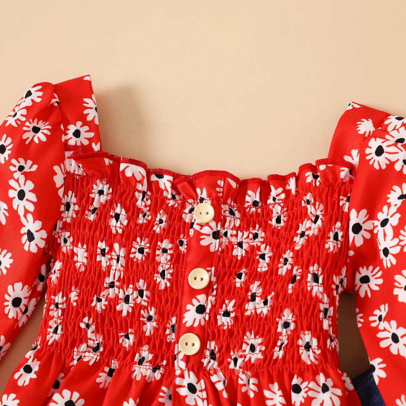 2件 嬰兒 女 褶飾 碎花 前衛 長袖 嬰兒套裝 紅色 big image 1