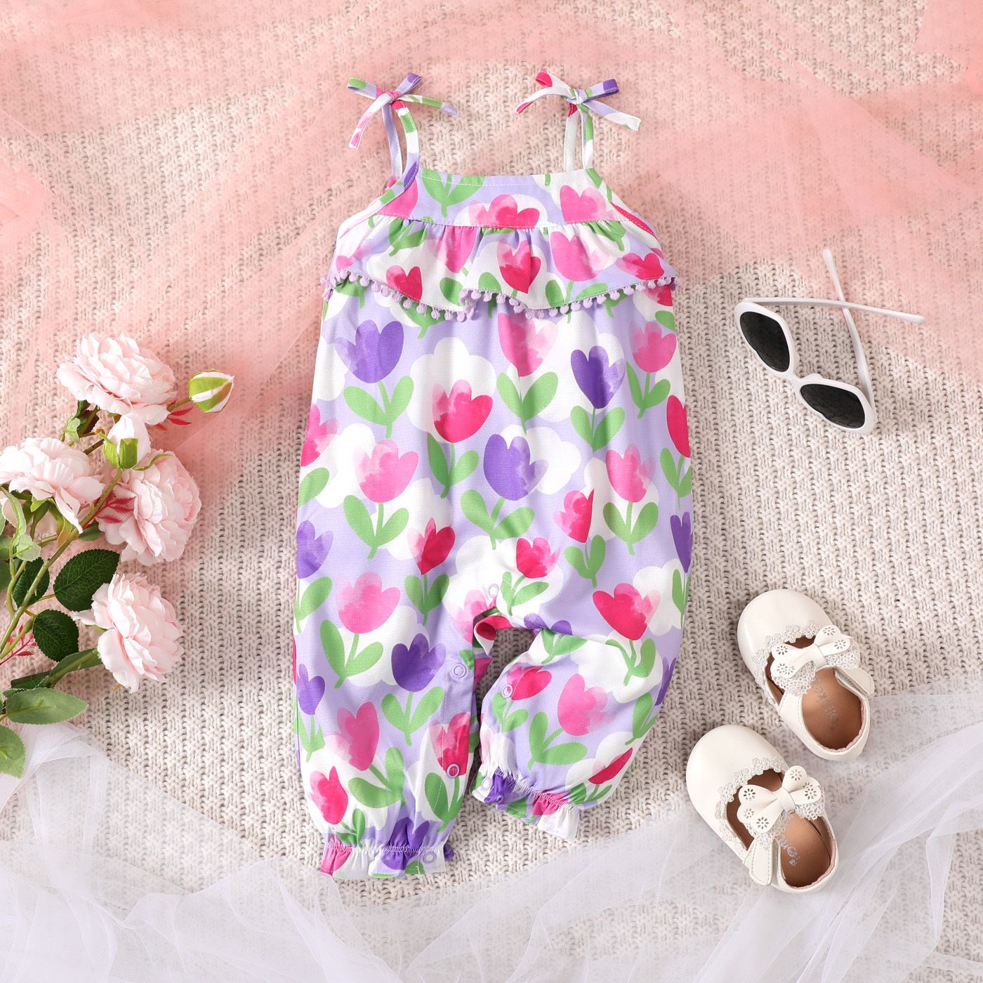 

Baby Girl Allover Floral Print Ruffled Cami Jumpsuit