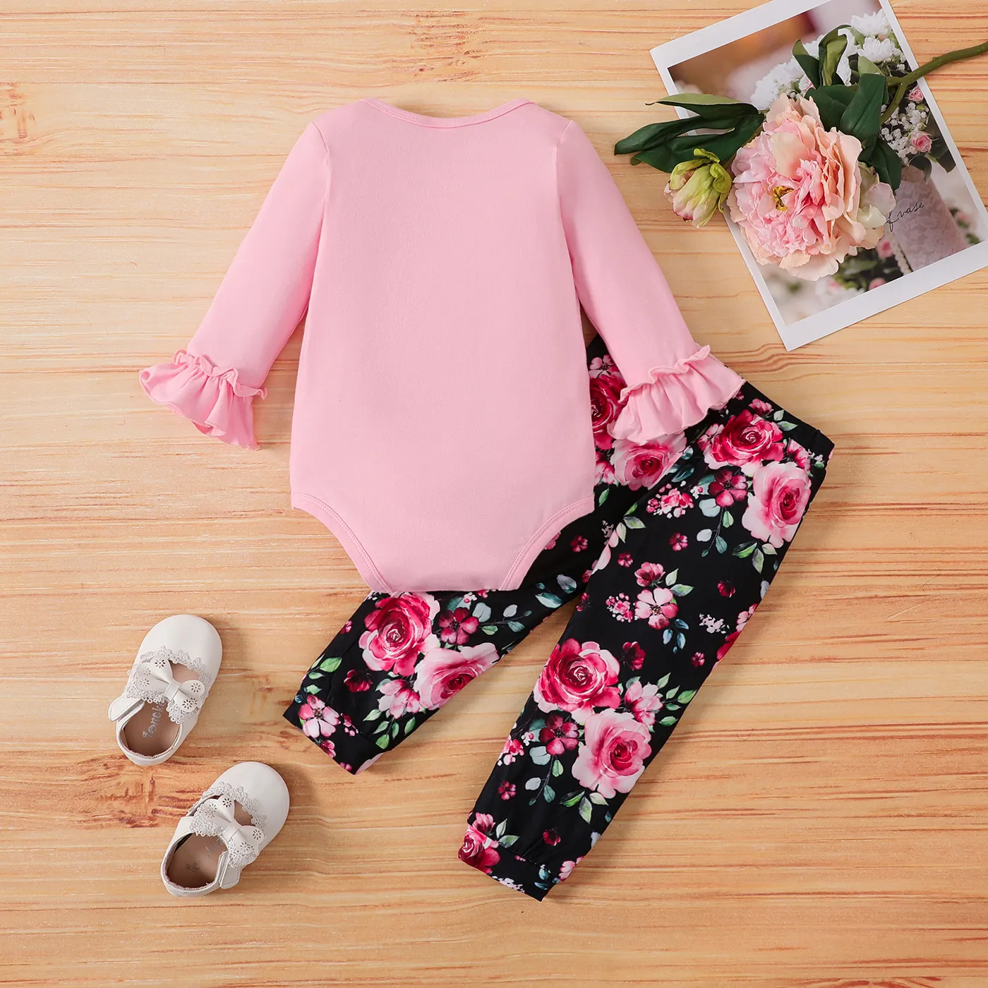2 unidades Bebé Menina Flor grande Bonito Manga comprida Conjunto para bebé Rosa image 2
