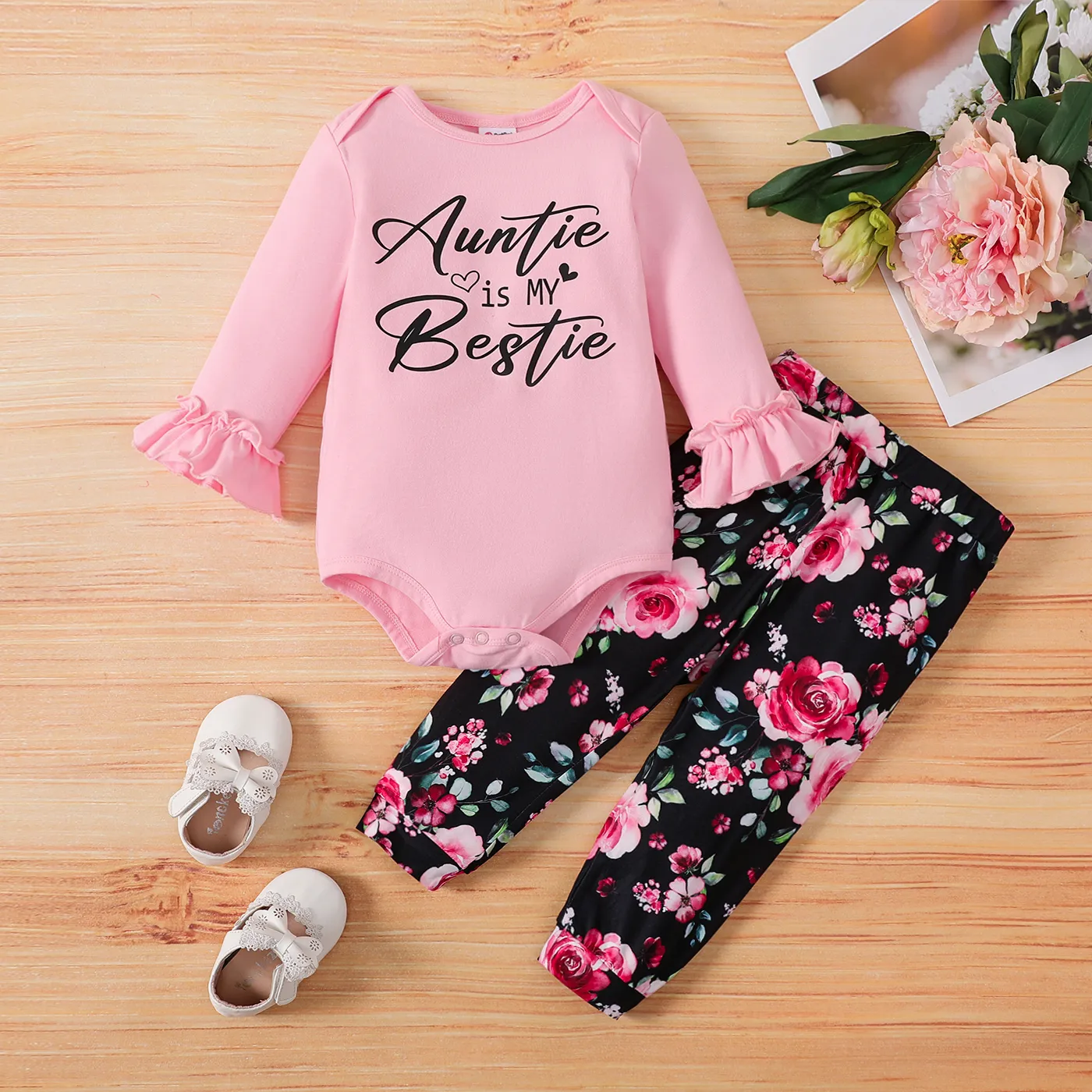 2 unidades Bebé Menina Flor grande Bonito Manga comprida Conjunto para bebé Rosa big image 1
