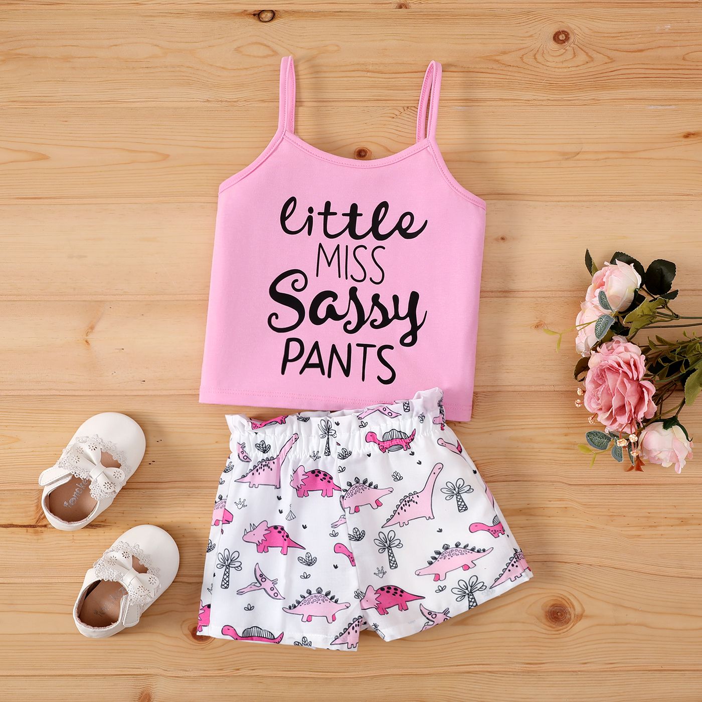 2pcs Baby Girl Letter Print Camisole and Dinosaur Print Shorts Set