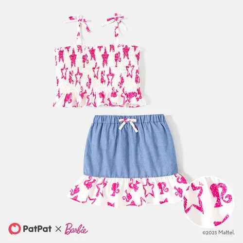 Barbie Toddler/Kid Girl 2pcs Heart Print Ruffle Hem Smocked Camisole and Skirt Set
