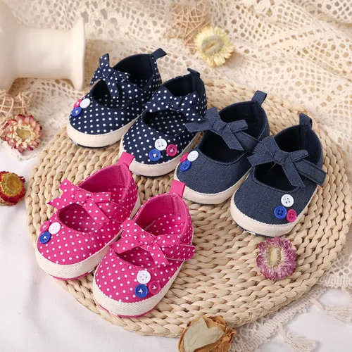 Baby Bow & Buttons  Decor Polka Dots Soft Sole Prewalker Shoes 