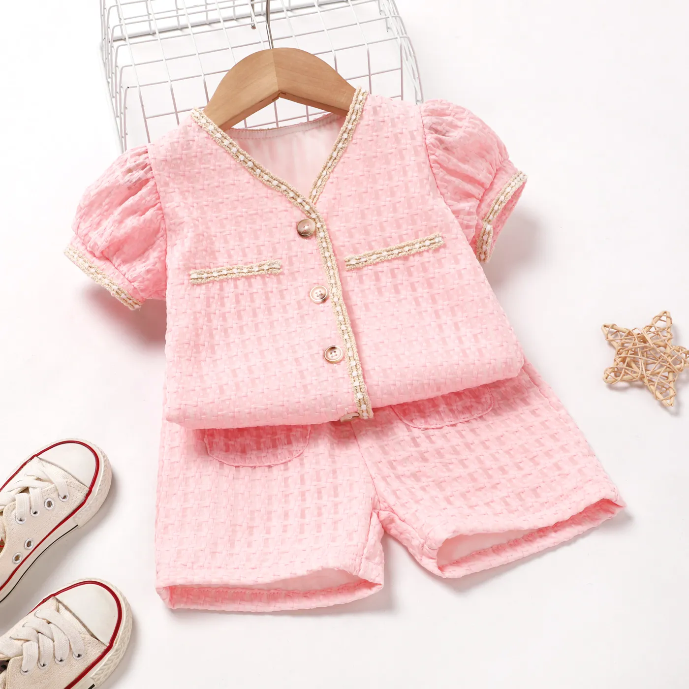 2pcs Toddler Girl Button Placket Tweed Overcoat and Shorts Set