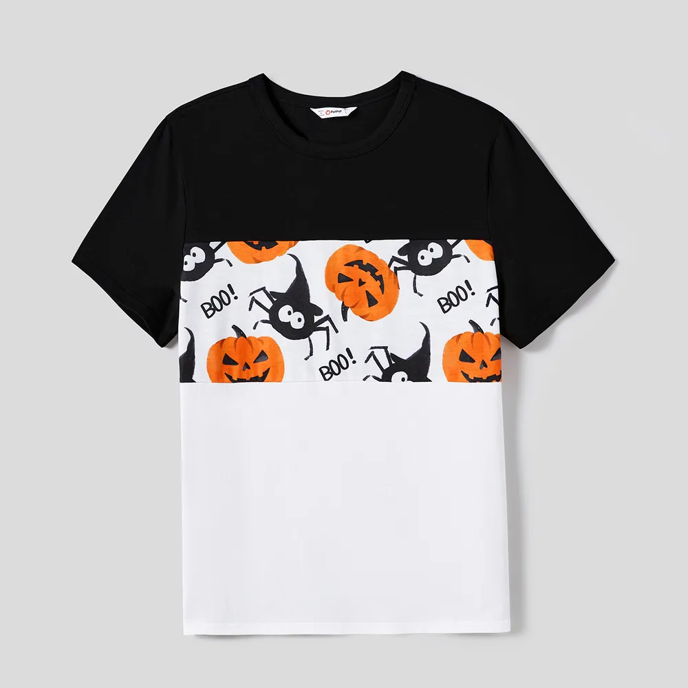Halloween Family Matching Pumpkin Print Dresses and Short Sleeve Colorblock Tops Sets  big image 20