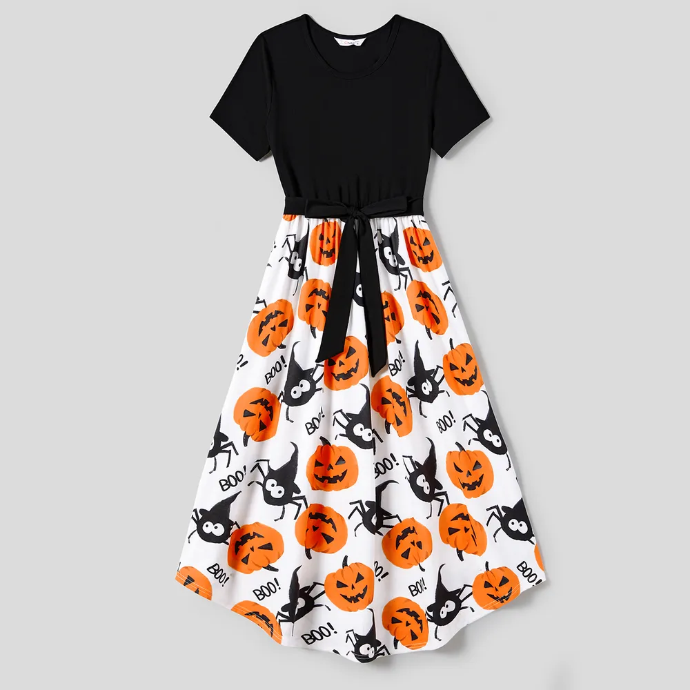 Halloween Family Matching Pumpkin Print Dresses and Short Sleeve Colorblock Tops Sets  big image 16