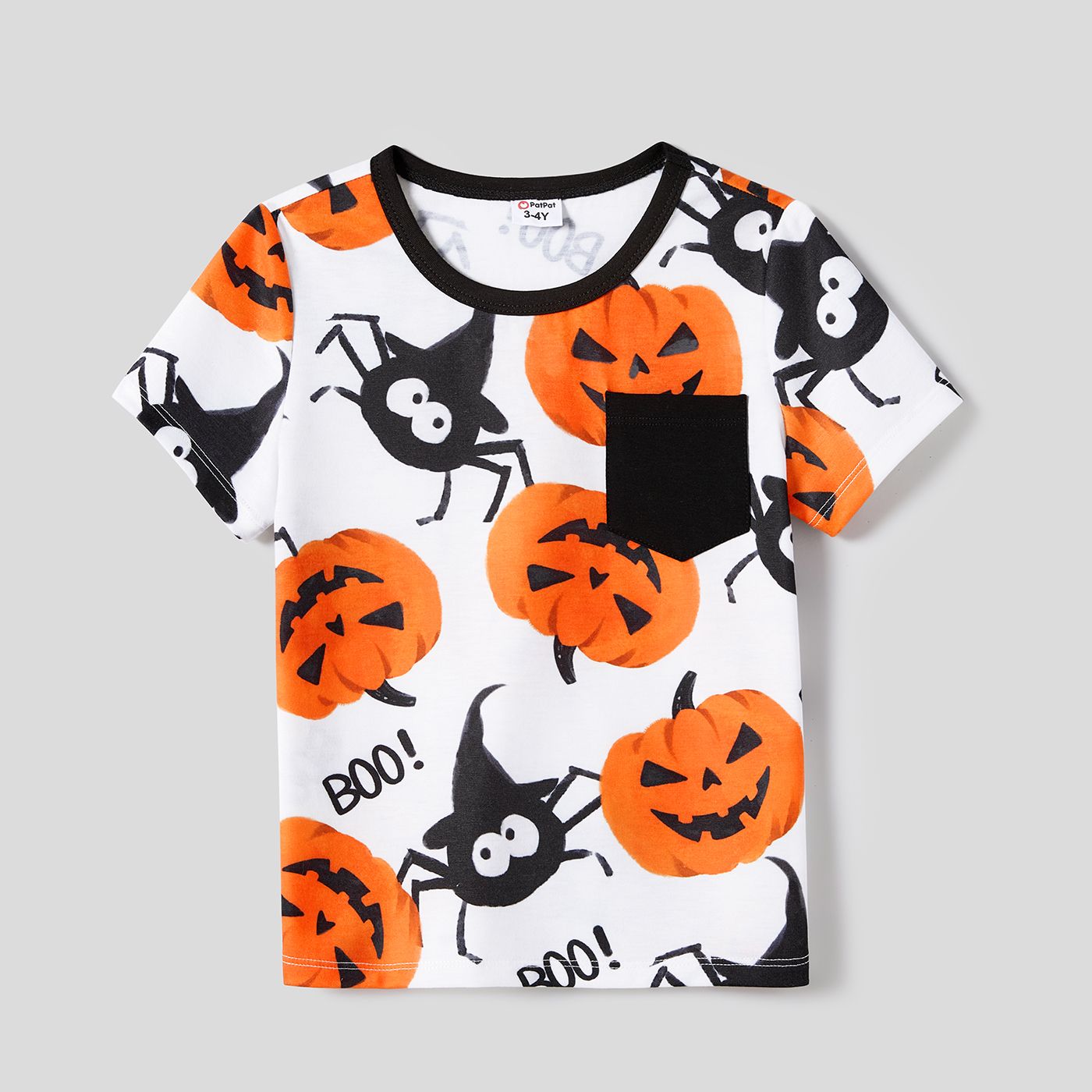 Halloween Family Matching Pumpkin Print Dresses And Short Sleeve Colorblock Tops Sets